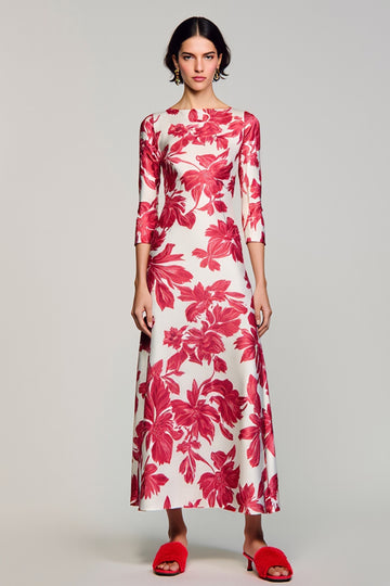 Red Floral Bateau Neck A Line Wedding Guest Dress